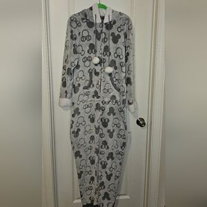 Disney Midweight Womens/Unisex Hooded Mickey and Minnie Onsie PJ in Grey Fleece